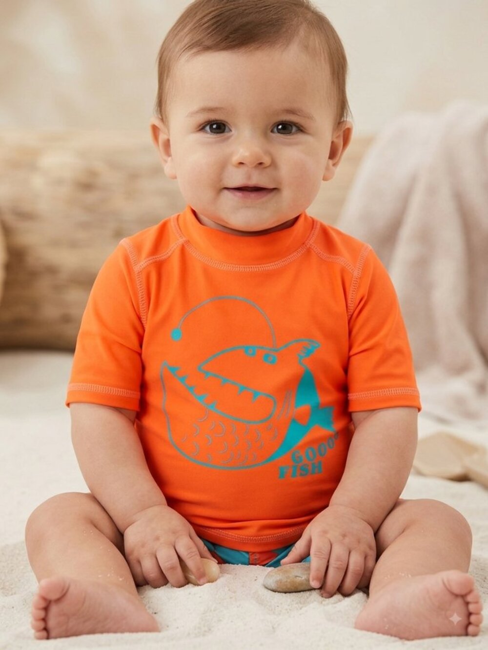 The Children's Place Orange Gooo Fish Short Sleeve Rash Guard Swim Shirt 9-12M
